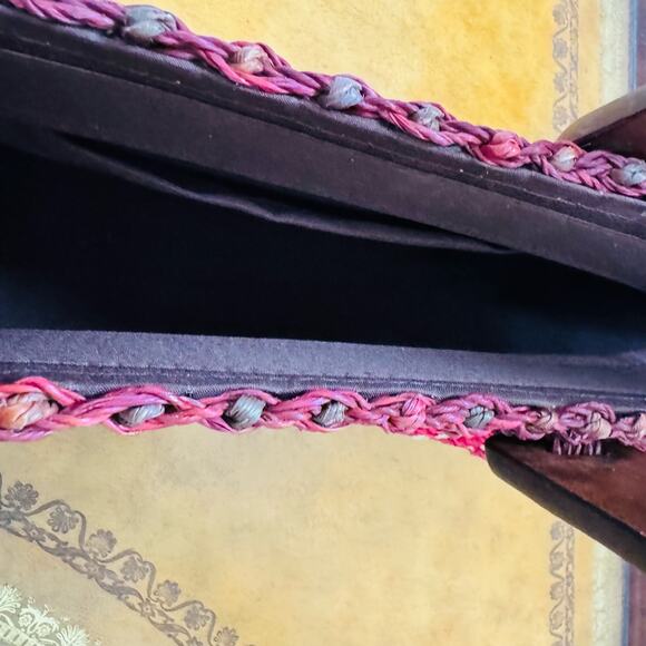 Womens Native Artisan Handwoven Sturdy Abaca Cranberry Handbag Wooden Handles - Picture 3 of 5